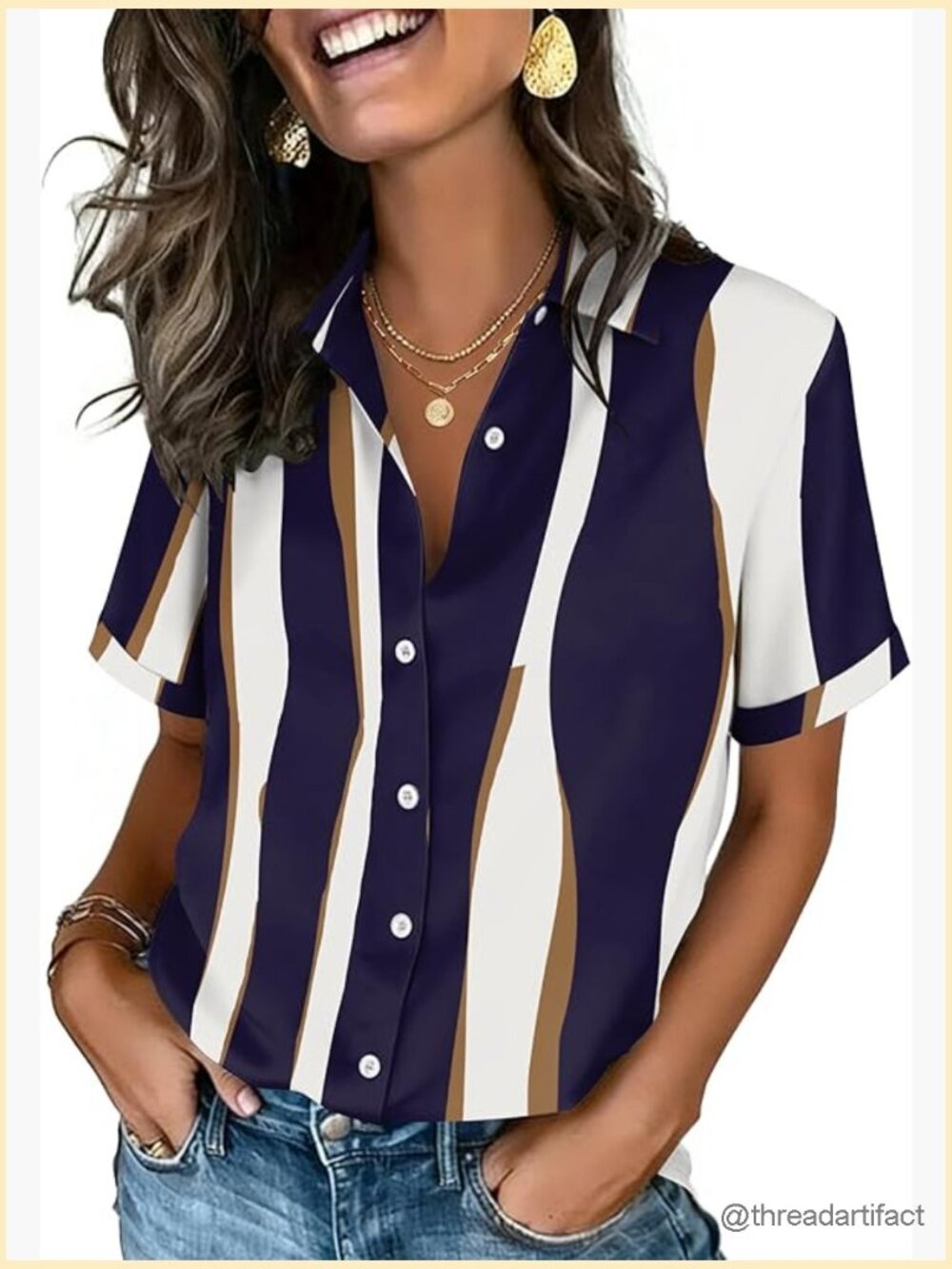 Short Sleeve Button Down Shirt V Neck Collared Blouse Dressy Casual Women Top